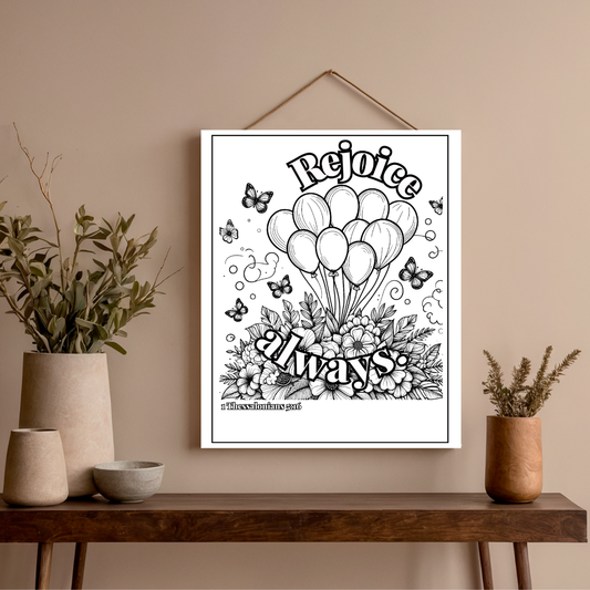 framed balloon color pages on a beige wall above wooden table with three vases