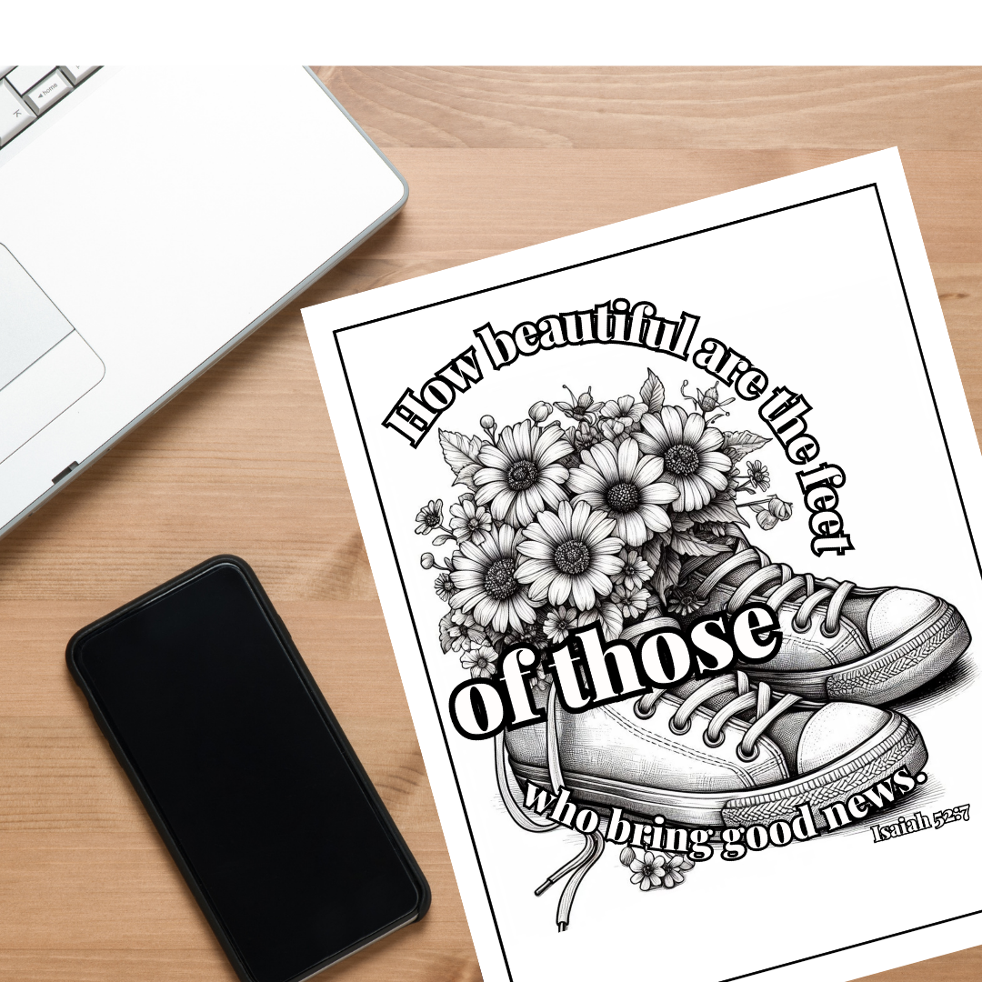 Printable coloring page with floral design in sneakers and text on a wooden surface with phone and laptop.
