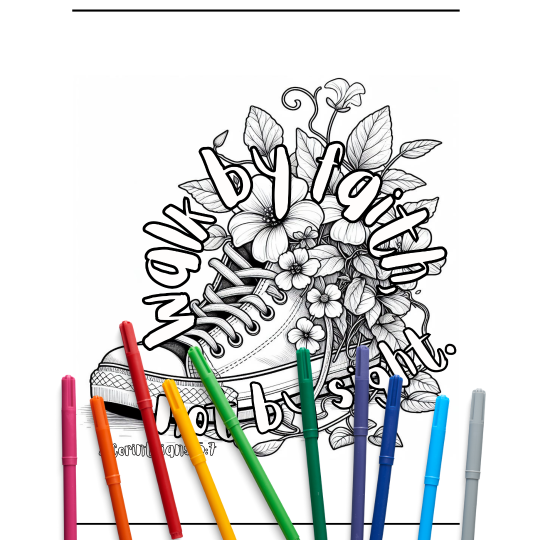 Coloring book page with a shoe design and markers on a white background